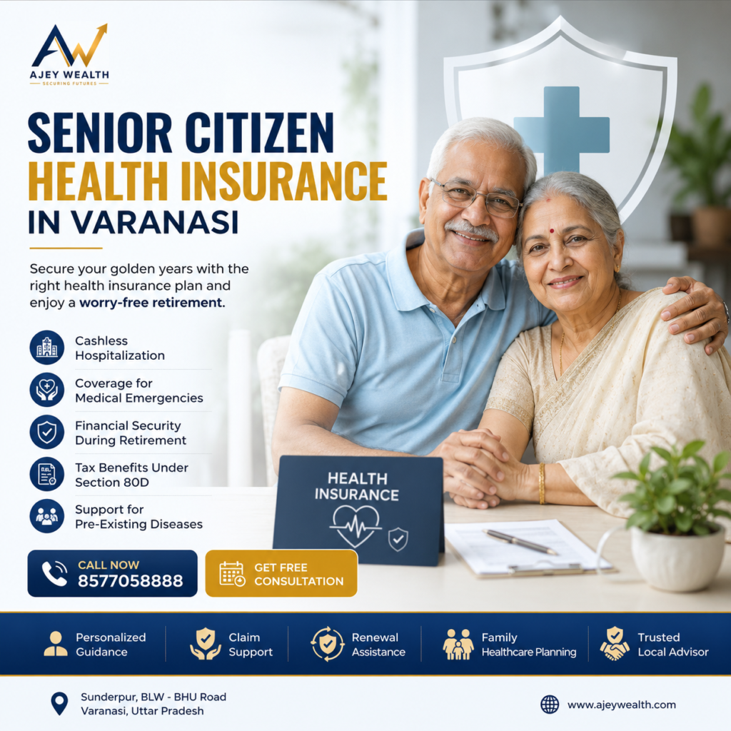 Senior Citizen Health Insurance in Varanasi by Ajey Wealth featuring a happy elderly couple with health insurance protection benefits.