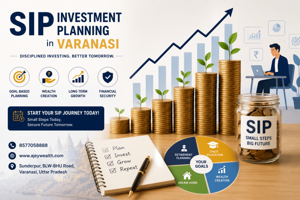 Financial planning illustration showing growing investment graph, coin stacks, and SIP wealth creation for SIP Investment Planning in Varanasi by Ajey Wealth.