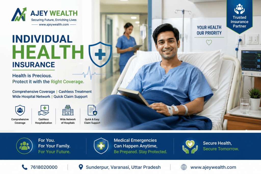 Young professional receiving medical care in a hospital with Individual Health Insurance support from Ajey Wealth in Varanasi.