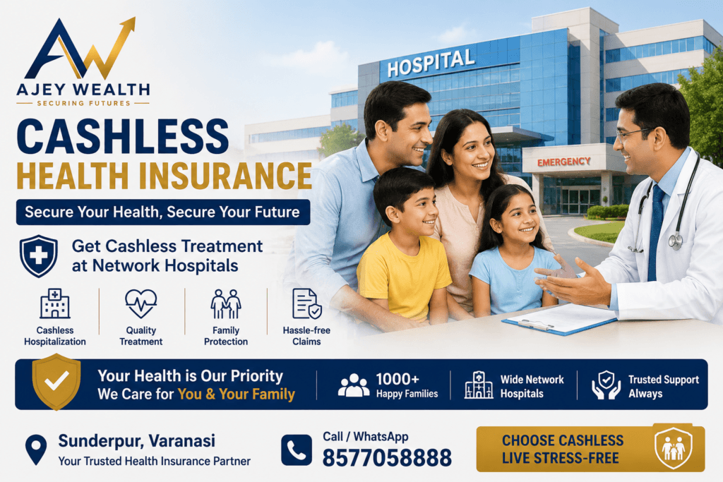 Cashless Health Insurance in Varanasi by Ajey Wealth, Sunderpur with happy Indian family, doctor and hospital. Call 8577058888.